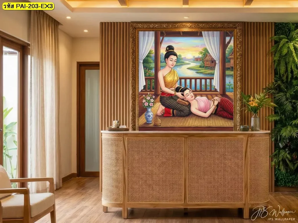 ภาพแต่งร้านสปาไทย ท่าคลายคอและบ่า เหมาะกับผนังห้องนวด โซนบริการ และมุมรับรองลูกค้า