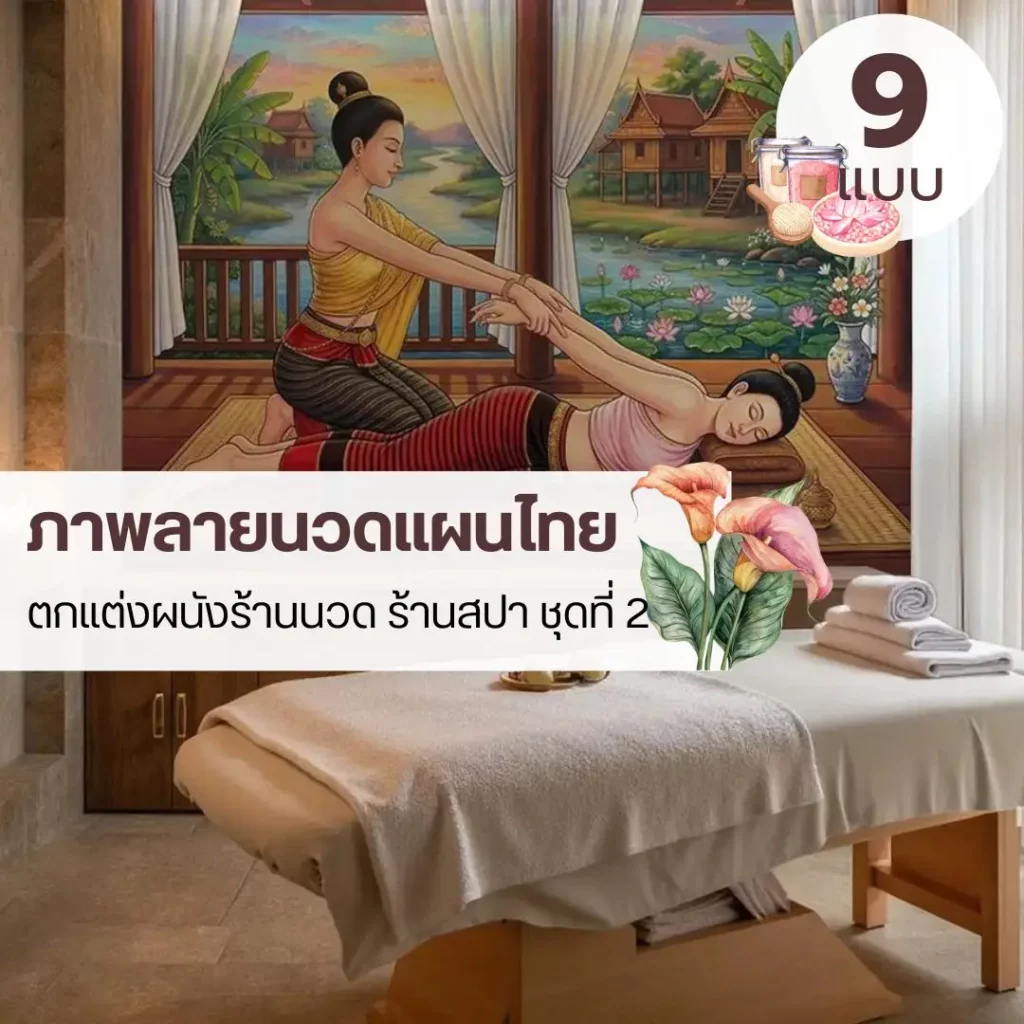 วอลเปเปอร์นวดไทย วอลเปเปอร์ลายไทยสปา ภาพนวดไทยติดผนัง ท่านวดไทยท่านอนตะแคง ดัดยืดแขนและหัวไหล่ ท่านวดไทยท่านอนคว่ำ ดัดยืดแขน แอ่นหลัง