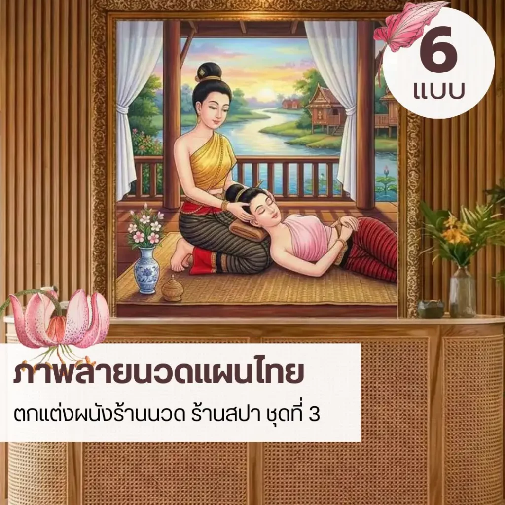 ภาพติดผนังลายนวดไทย วอลเปเปอร์ห้องนวดไทย ภาพแต่งร้านสปาไทย ท่าคลายคอและบ่า ท่านวดตะแคง กดสะโพก