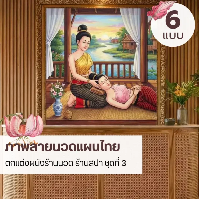 ภาพติดผนังลายนวดไทย วอลเปเปอร์ห้องนวดไทย ภาพแต่งร้านสปาไทย ท่าคลายคอและบ่า ท่านวดตะแคง กดสะโพก