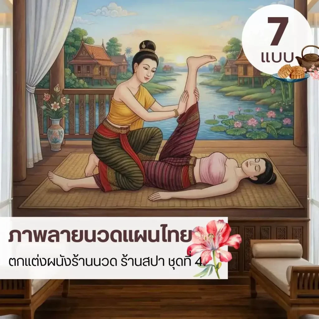 ภาพติดผนังนวดไทย วอลเปเปอร์ห้องสปาไทย Thai spa wall mural ท่านวดไทยท่านอนคว่ำ ดัดยืดขา ท่านวดไทยท่านอนหงาย ยืดขาตรง