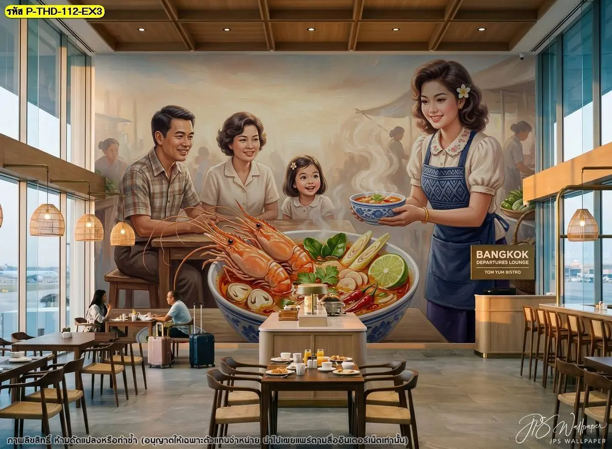 ภาพติดผนังขนาดใหญ่รูปหญิงสาวเสิร์ฟอาหารและครอบครัวพร้อมชามต้มยำกุ้งใบใหญ่ ติดตั้งบนผนังหลักของร้านอาหารที่มีโต๊ะเก้าอี้จัดเรียงเป็นระเบียบ