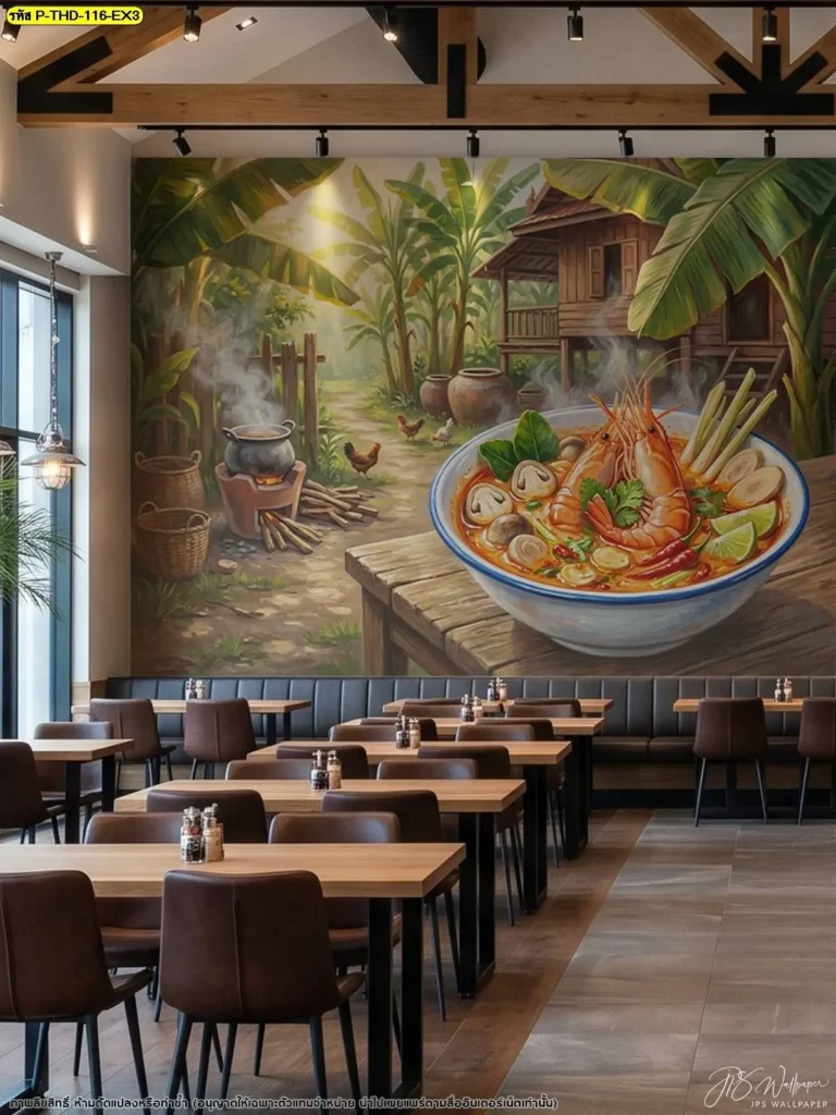 ภาพติดผนังลายชามต้มยำกุ้งวางบนแคร่ไม้คู่กับเตาฟืนโบราณในบรรยากาศบ้านสวน ติดตั้งเต็มผนังภายในร้านอาหารที่มีโต๊ะเก้าอี้จัดเรียงเป็นระเบียบ