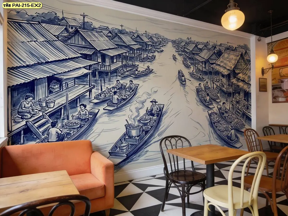 ผนังลายเส้นสีน้ำเงินขาวภาพตลาดน้ำและเรือพาย ในมุมคาเฟ่ที่มีโซฟาสีส้มและโต๊ะไม้