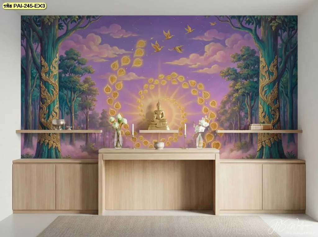 ภาพห้องพระตกแต่งผนังด้วยวอลเปเปอร์โทนสีม่วงลายวงรัศมีใบไม้สีทองและต้นไม้ ประดับคู่กับชุดโต๊ะหมู่บูชาไม้สีอ่อนสไตล์โมเดิร์น