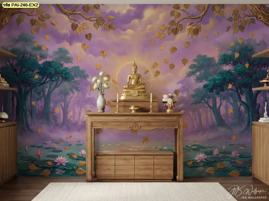 ภาพห้องพระตกแต่งผนังด้วยวอลเปเปอร์ลายใบโพธิ์ทองบนพื้นหลังสีม่วง พร้อมโต๊ะหมู่บูชาไม้สไตล์โมเดิร์นและพระพุทธรูปองค์ทอง บรรยากาศเงียบสงบ