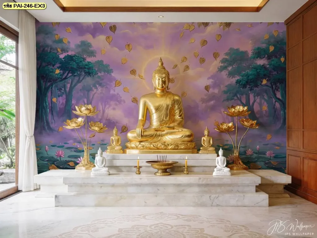 ภาพห้องพระตกแต่งผนังด้วยวอลเปเปอร์โทนสีม่วงลายต้นไม้และใบไม้สีทอง ประดิษฐานพระพุทธรูปสีทองขนาดใหญ่บนแท่นบูชาหินอ่อน