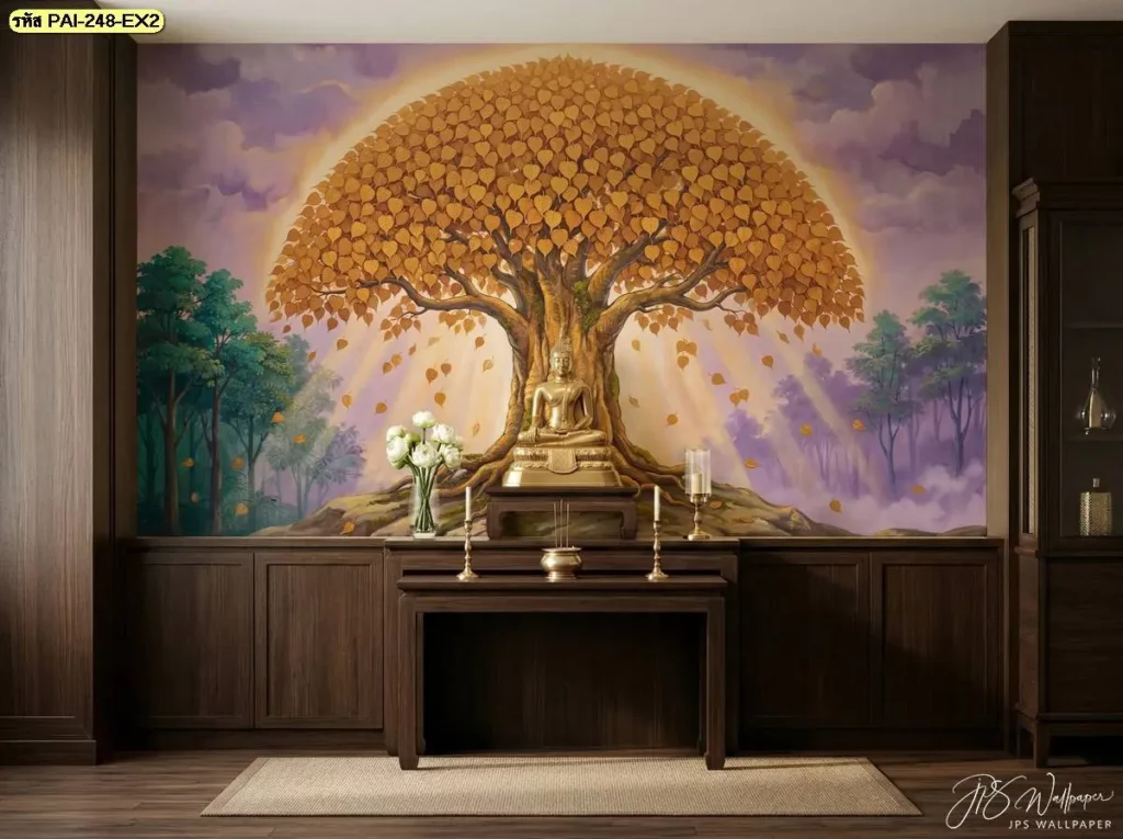 ภาพห้องพระสีขาวสไตล์โมเดิร์นตกแต่งผนังด้วยวอลเปเปอร์ลายต้นโพธิ์ทองขนาดใหญ่สีเหลืองทองอร่ามบนพื้นหลังสีม่วงประดับไฟซ่อนและโต๊ะหมู่บูชาพระพุทธรูปองค์ทอง