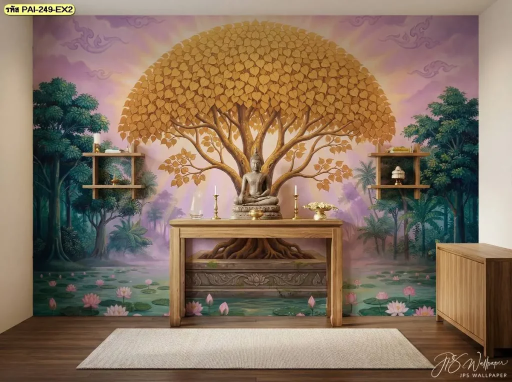 ภาพภายในห้องพระทรงไทยที่ตกแต่งผนังด้วยวอลเปเปอร์ลายต้นโพธิ์ทองขนาดใหญ่สีเหลืองทองอร่ามบนพื้นหลังสีม่วงเหนืออาสน์สงฆ์