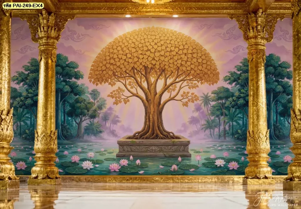 ภาพห้องพระตกแต่งผนังด้วยวอลเปเปอร์ลายต้นโพธิ์ทองขนาดใหญ่สีเหลืองทองอร่ามบนพื้นหลังสีม่วงท่ามกลางเสาคู่สีทองและพื้นลายบัว