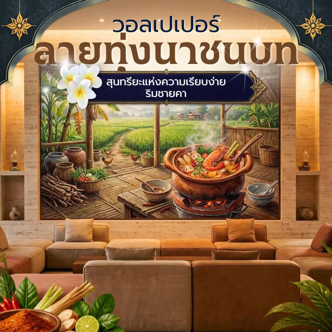 ภาพพิมพ์ติดผนังรูปทุ่งนาและบ้านไม้ริมน้ำ มีหม้อดินเผาตั้งอยู่บนเตาไฟ บรรยากาศเงียบสงบ ตกแต่งภายในซุ้มโค้งในร้านอาหาร
