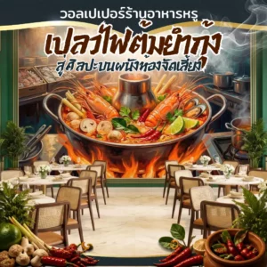 ภาพพิมพ์ติดผนังรูปหม้อไฟต้มยำกุ้ง มีเปลวไฟพุ่งขึ้นด้านบน ภายในร้านอาหารที่มีบรรยากาศอบอุ่นและดูดี มีโต๊ะอาหารและเก้าอี้ตั้งเรียงราย