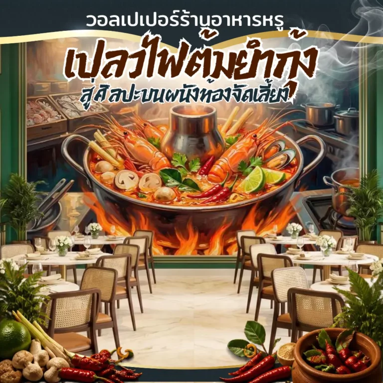 ภาพพิมพ์ติดผนังรูปหม้อไฟต้มยำกุ้ง มีเปลวไฟพุ่งขึ้นด้านบน ภายในร้านอาหารที่มีบรรยากาศอบอุ่นและดูดี มีโต๊ะอาหารและเก้าอี้ตั้งเรียงราย