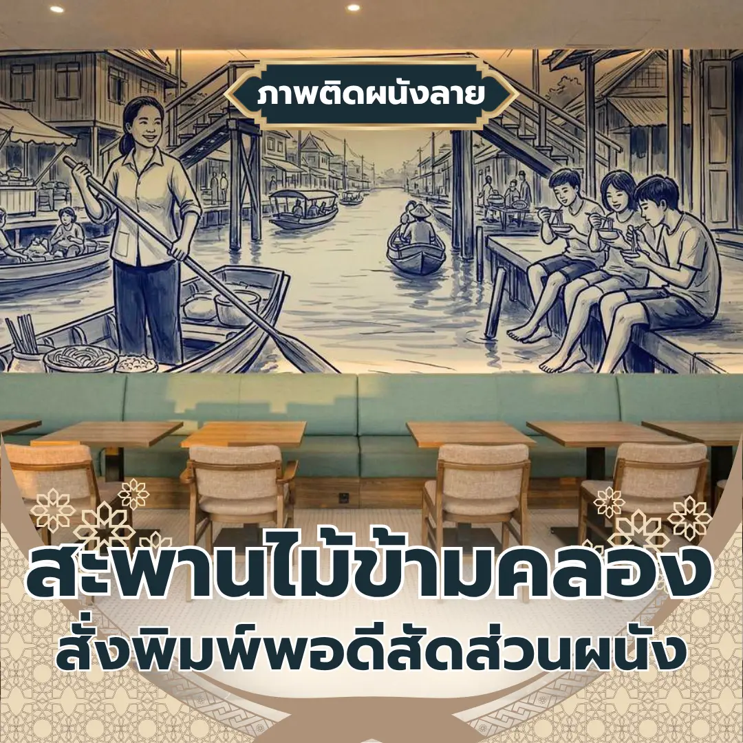 วอลเปเปอร์ติดผนังลายเส้นสีน้ำเงินขาวภาพสะพานไม้ข้ามคลอง ตลาดน้ำ และคนพายเรือ เหนือแนวที่นั่งเบาะยาวและโต๊ะอาหารไม้