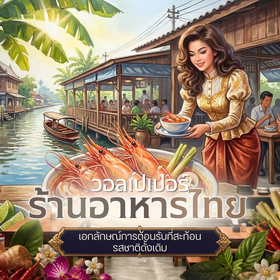 วอลเปเปอร์ภาพวาดวิถีชีวิตริมคลอง หญิงสาวในชุดไทยถือชามอาหารริมระเบียงไม้ และชามต้มยำกุ้งแม่น้ำขนาดใหญ่ด้านหน้า