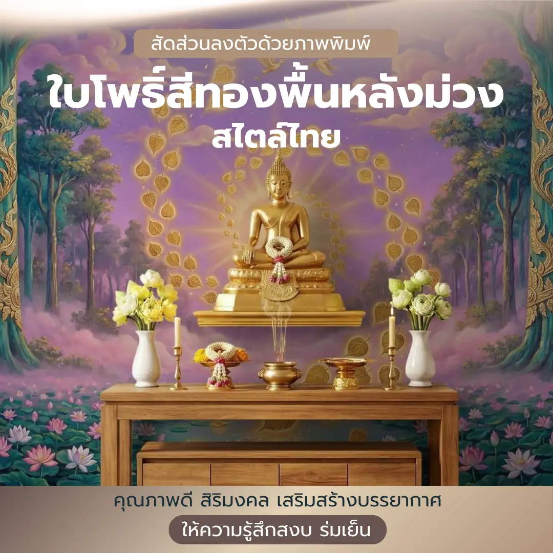 ภาพตัวอย่างการตกแต่งห้องพระด้วยภาพพิมพ์ลายใบโพธิ์สีทองกระจายรอบองค์พระพุทธรูป บนพื้นหลังสีม่วงบรรยากาศป่า สไตล์ไทย พร้อมชุดโต๊ะบูชา