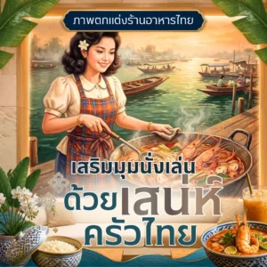 ภาพพิมพ์ติดผนังรูปแม่ครัวสวมผ้ากันเปื้อนกำลังปรุงอาหารริมน้ำ มีเรือพายในแม่น้ำและแสงอาทิตย์ยามเย็น ประดับตกแต่งบนผนังร้านอาหาร