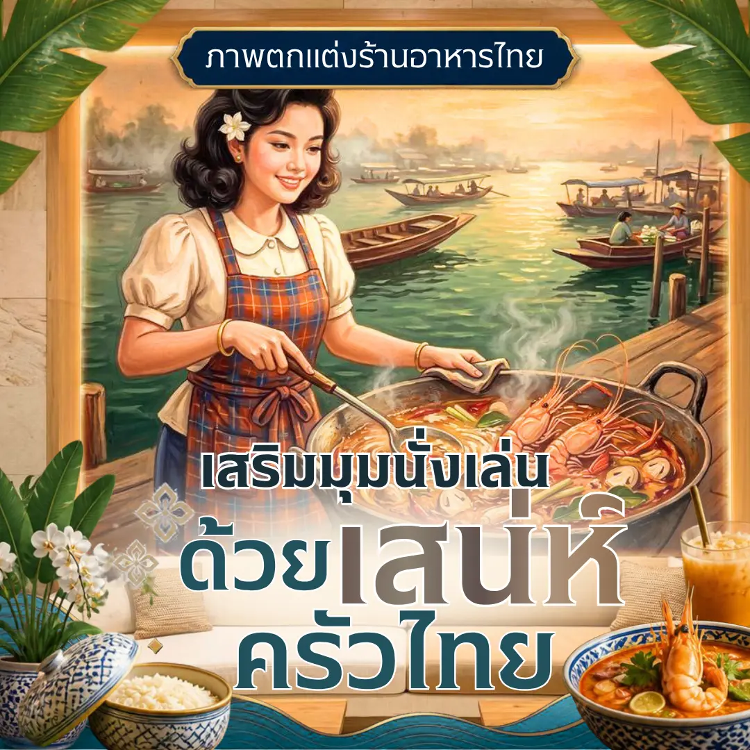 ภาพพิมพ์ติดผนังรูปแม่ครัวสวมผ้ากันเปื้อนกำลังปรุงอาหารริมน้ำ มีเรือพายในแม่น้ำและแสงอาทิตย์ยามเย็น ประดับตกแต่งบนผนังร้านอาหาร